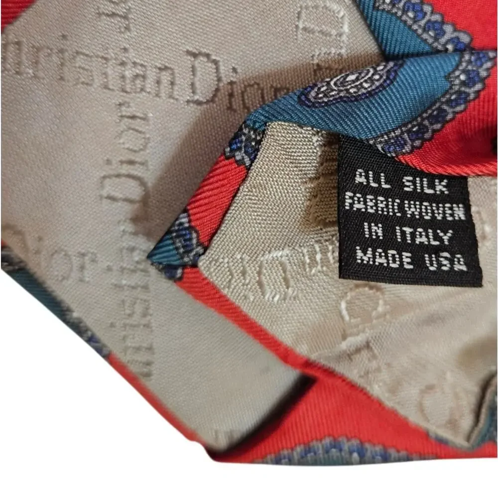 CHRISTIAN DIOR Monsieur Neck Tie Muted Red Blue Medallion Print Italian Silk